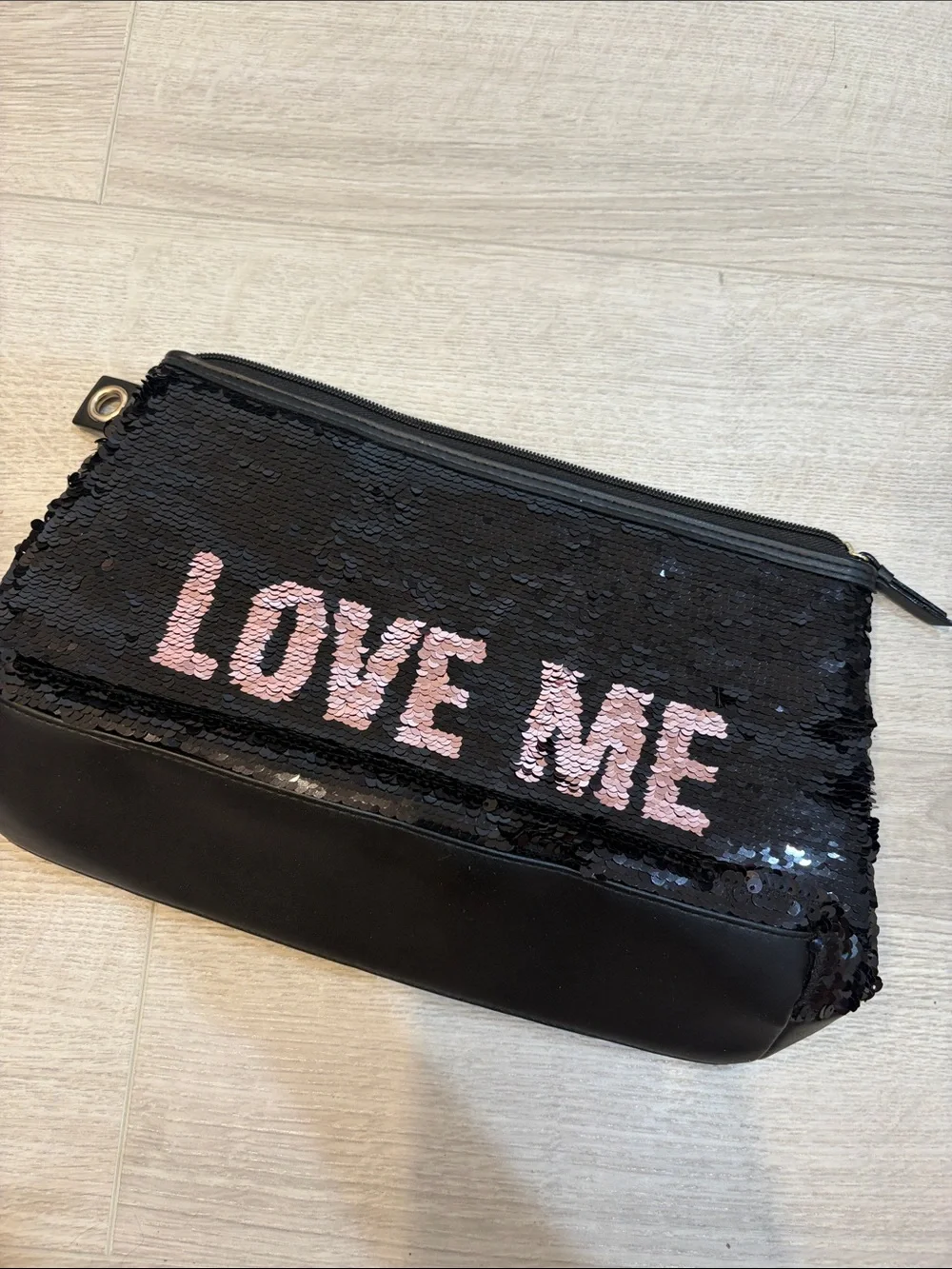 Victoria's Secret Black Sequin Cosmetic Pouch with Pink Heart